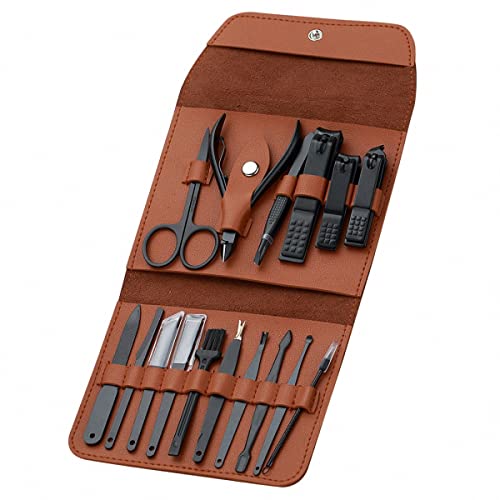 16 Pieces Manicure Set, Pedicure Kit, Nail Clippers, Stainless Steel Professional Personal Care Tool Kit, Nail Tools with Brown Case, Gifts for Men