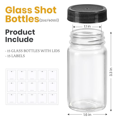 LANDNEOO 15 Pack 2 oz Glass Shot Mini Bottles w/Black Lids & 15 Labels - Small Clear Jar for Ginger, Wellness Shot, Juice, Sample, Whiskey - Travel Essentials - Wide Mouth, Leakproof, Dishwasher Safe - color: Black Lids, size: 2oz-15 pack