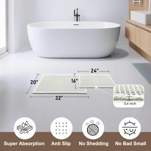 JIUZHEN Set of 2 Waffle Bath Mats Super Absorbent Bath Mat Non Slip Bathroom Rugs for Bathroom Floor Dry Fast Washable Boho Rugs for Beside Tub, 16" x 24" +20" x 32", Cream - color: Cream, size: 16"x24" + 20"x32"