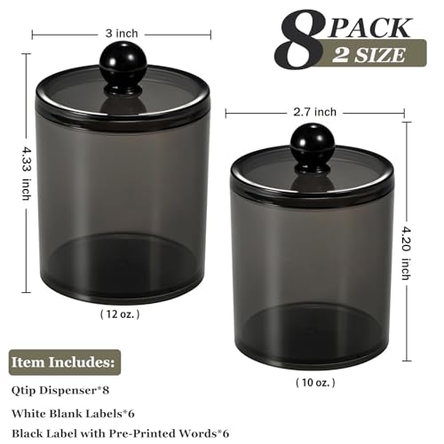 SheeChung 8 Pack Qtip Holder, Cotton Round Holder with Lids & 12 Labels - (4) 10oz & (4) 12oz Plastic Canisters Bathroom Storage Set for Cotton Swabs, Balls, Pads, Floss Picks ( Black) - size: 8pack