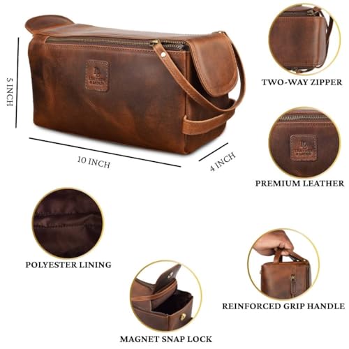 Full Grain Leather Toiletry Kit for Men & Women – Travel Toiletries & Shaving Bag Organizer, Water-Resistant Grooming Case for Bathroom, Makeup & Cosmetic Storage - Rustic Brown - color: Rustic Brown