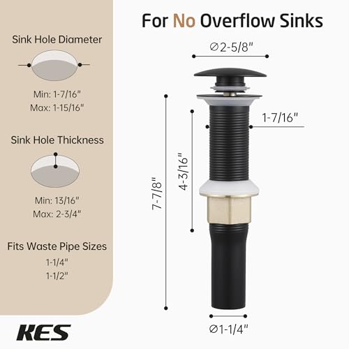 KES Black Pop Up Drain Stopper for Bathroom Sink, Sink Drain with Hair Catcher Without Overflow, 2 Pack, Matte Black, All Metal Rustproof 304 Stainless Steel, S2013D-BK-P2 - color: Black, style: for NO overflow sink,2-pack