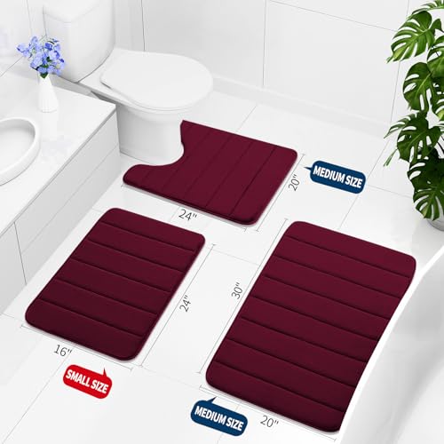 Buganda Memory Foam 3 Pieces Bathroom Rugs Set - Thick Soft Absorbent Bath Mats, Washable Small/Large/Contour Bath Rugs (24" x 16" + 30" x 20" + 24" x 20", Wine Red) - color: Wine Red, size: 24" X 16" + 30" X 20" + 24" X 20"