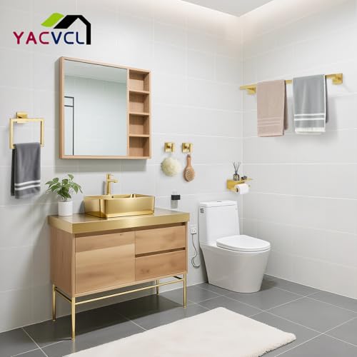 YACVCL 5-Pieces Brushed Gold Bathroom Hardware Accessories Set Stainless Steel Bathroom Towel Bar Set Towel Holder Set for Bathroom,Upgraded Toilet Paper Holder with Shelf,Wall Mounted 23.6" - color: Brushed Gold, size: 5Pcs