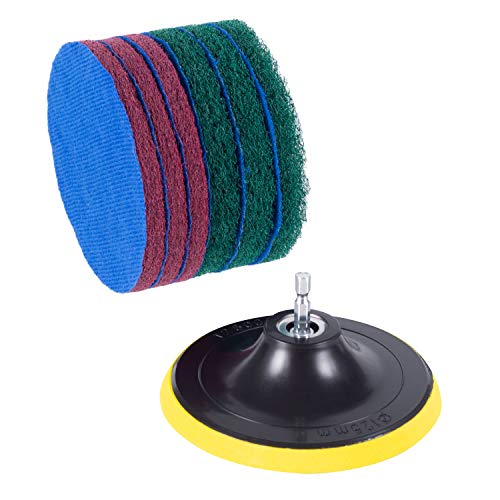 Kichwit 5 Inch Drill Powered Brush Tile Scrubber Scouring Pads, 2 Different Stiffness, 5-Inch Pad Holder with 6 Scrubbing Pads, Cleans Large Flat Areas Perfectly (Drill NOT Included) - size: 5 Inch