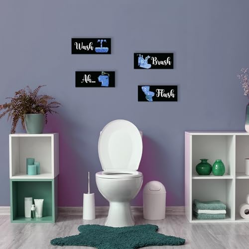 4 Pcs Blue Bathroom Decor Funny Blue And Black Wall Art Wooden Bathroom Accessories Modern Glitter for Home Toilet Decoration 10x4 Inches - color: Blue, size: 10 X 4 Inch