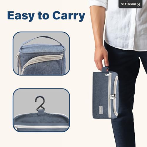 emissary Hanging Travel Toiletry Bag for Men, Dopp Kit - Dark Blue | Built-in hook, waterproof wipe-clean lining, clear & mesh pockets; men's travel toiletry organizer, folds flat - color: Blue