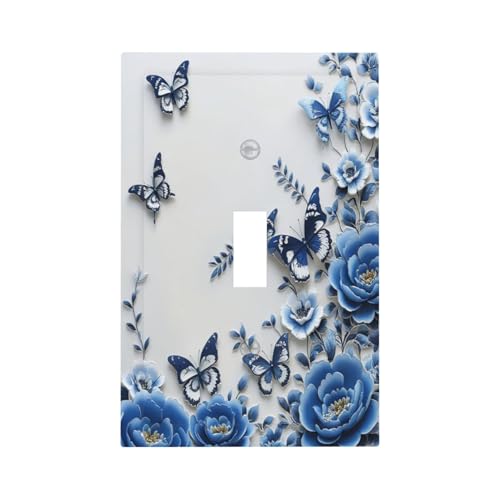 Light Switch Cover Plate Blue Peony Flowers Butterfly Vintage Floral 1 Gang Single Toggle Decorative Switch Plates Wall Plates Electrical Faceplate for Bathroom Bedroom Decor - color: Blue Peony Flowers Butterfly Vintage Floral, size: 1 Gang Single Toggle