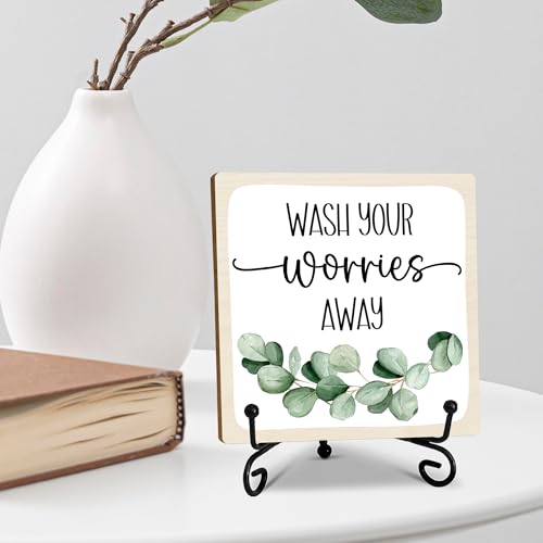5" Funny Wooden Sign, Wash Your Worries Away Sign, Funny Bathroom Laundry Room Desk Decor, Restroom Guest Bathroom Decoration, Funny Toilet Washroom Plaque Sign Decor 5X5 Inches（White）-A05 - color: off white
