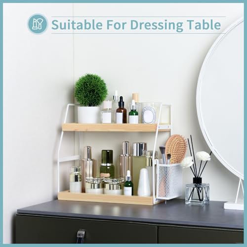 Bathroom Counter Organizer, 2-Tier Standing Storage Shelf with Basket, Wood Tray for Skincare Vanity Organizer(White) - style: 2 Tier White