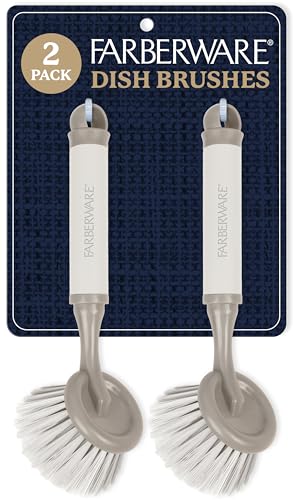 Farberware Dish Brush with Handle, 2 Pack, Firm Bristles | Kitchen scrub brush and dish scrubber removes grease, reaches pot and pan edges, 9in, round head, soft-grip design - color: Beige/Tan