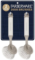 Farberware Dish Brush with Handle, 2 Pack, Firm Bristles | Kitchen scrub brush and dish scrubber removes grease, reaches pot and pan edges, 9in, round head, soft-grip design - color: Beige/Tan