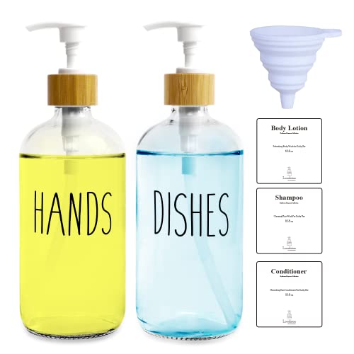 LOOCHICA 2 Pack Clear Glass Soap Dispenser with Plastic Pump, Transparent Dish and Hand Soap Dispenser Set, Refillable Reusable Apothecary Soap Pump Dispenser Bottles for Bathroom and Kitchen - color: A05-2 X Clear