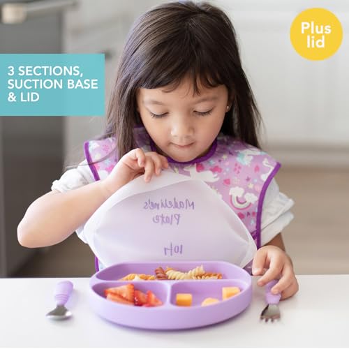 Bumkins Toddler and Baby Suction Plate, Silicone Divided Grip Dish and Lid, Babies and Kids, Baby Led Weaning, Children Feeding Supplies, Non Skid Bottom, Platinum Silicone, Ages 6 Mos Up, Lavender - color: D5 Lavender-GD Lid