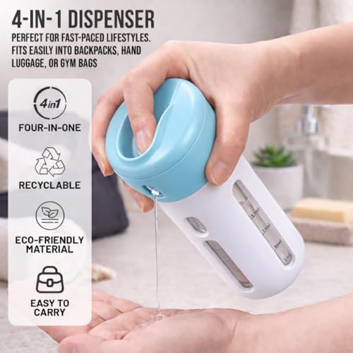 Travigo 4-in-1 Travel Dispenser Bottle, TSA Approved, Leak Proof, Four Reusable 1.4 oz. (40 mL) Toiletry Containers for Shampoo, Conditioner, Soap, Lotion, Skincare (Blue) - color: 1 Dispenser (Blue)