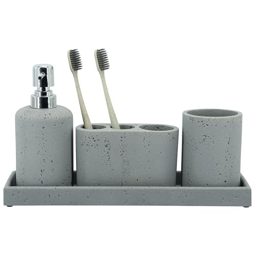 ZCCZ -Beige Bathroom Accessories Set 4 Pcs - Toothbrush Holder, Soap Dispenser, Vanity Tray, Bathroom Tumbler - Countertop Vanity Organizer - Bathroom Accessory Set- Toothbrush Holder Set, Stone Sets - color: Gray, size: 4pcs