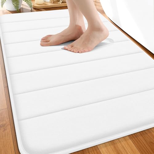 OLANLY Memory Foam Bath Mat 34x21, Super Soft Absorbent Bathroom Rugs, Quick Dry, Machine Washable Shower Floor Rugs, Bathmat Carpet, Bathroom Home Decor Accessories, White - color: White, size: 34" X 21"