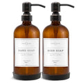 Vine Creations Amber Glass Soap Dispenser, 2 Pack Kitchen Soap Dispenser Set with Stainless Steel Pump, 16 oz Dish Soap and Hand Soap Dispensers for Bathroom with Waterproof Labels - color: Amber Bottle / Round Oil Rubbed Bronze Pump