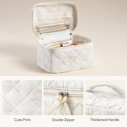 HBselect Quilted Makeup Bag, 3PCS Cotton Large Travel Makeup Bag, Cute Floral Coquette Make up Bag Cosmetic Bag Toiletry Bag for Women Girls - color: A-3PCS-Floral 34