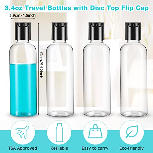 Roshtia 100 Pack 3.4 oz Travel Bottles for Toiletries, Clear Refillable Plastic Bottles with Disc Top Flip Cap, Leak Proof Empty Containers for Lotion, Shampoo, Essential Oil, Bulk Travel Size(Black) - color: Black, size: 3.4 oz