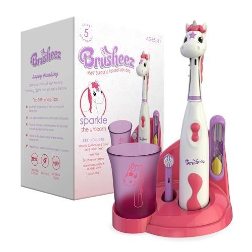 Brusheez Kids’ Electric Toothbrush Set - Safe & Effective for Ages 3+ - Parent Tested & Approved with Gentle Bristles, 2 Brush Heads, Rinse Cup, 2-Minute Timer, & Storage Base (Sparkle the Unicorn) - color: Sparkle the Unicorn