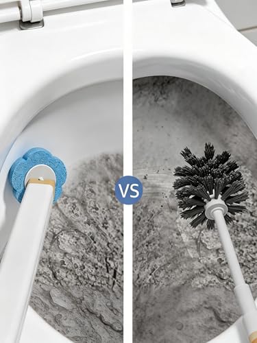 Disposable Toilet Brush Set with 24 Refill Heads, Wall Mounted Bathroom Cleaning Wand, 3-Layer Scrubbing Pads with Built-in Cleaner, One-Click Contactless Replacement, White and Gold