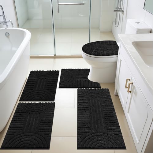 SHACOS Bathroom Rugs Sets 5 Piece Ultra Soft Absorbent Microfiber | Bath Mat with Bath Runner, U Shape Contour Rug, Toilet Lid Cover, Non Slip Machine Washable Carpet for Bedroom, Black - color: Black