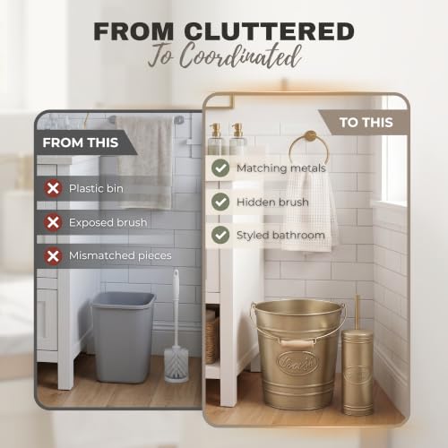 Autumn Alley Rustic Farmhouse Bathroom Trash Can and Toilet Brush Set - Rustic Bathroom Accessories for Charming Bathroom Décor, Antique Gold, 2 Gal. Capacity - color: Antique Gold