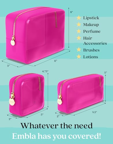 Clear Cosmetic Bags Set of 3, Mini Small Large Makeup Bags For Women Clear Pouch Cosmetics Cases Zipper Cute Pouches Make Up Travel Toiletry Essentials Preppy Purse Organizer Makeup Cases, Fuchsia | Large, Medium & Small Clear Nylon/PVC Cosmetic Bags with