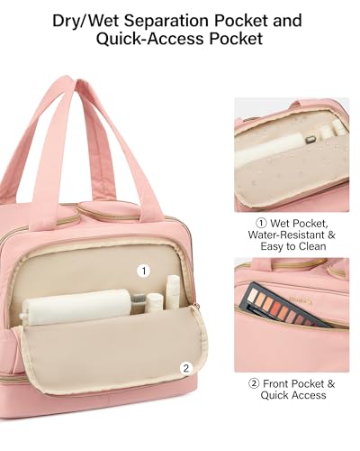 Hanke Travel Toiletry Bag, Lightweight Wide-open Large Toiletry Bags for Women, Dual-Layer Makeup Bag Water-Resistant Cosmetic Travel Bag with Handle for Accessories, Essentials, Pink - color: Pink