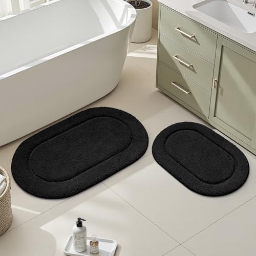 HOMEIDEAS Black Bathroom Rugs Sets, 2 Piece Small Bathroom Rugs, Soft, Absorbent Microfiber Mats, Machine Washable Bath Mats for Shower Room, Bathtub, Kitchen (20" x 32" + 16" x 24") - color: Black