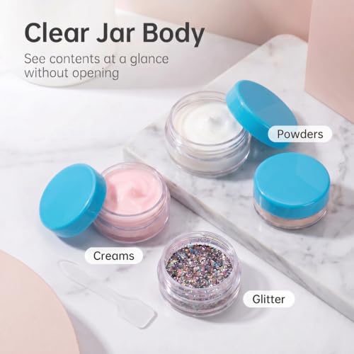 3 Gram Sample Jars with Lids, 25 Count Mini Cosmetic Containers - Makeup Travel Containers with Labels, Tiny Disposable Spatulas - color: Blue