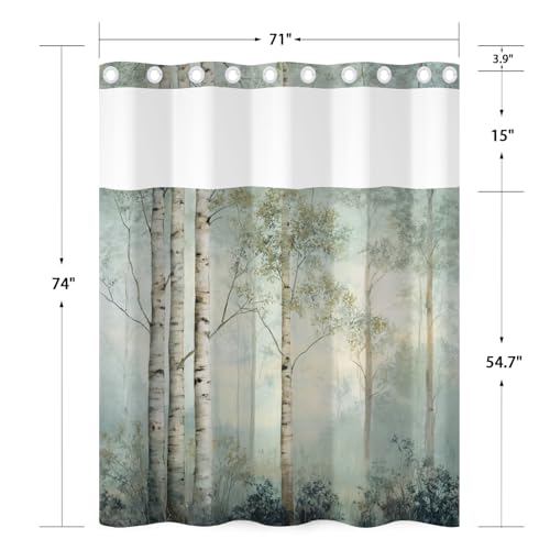 No Hook Shower Curtain and Liner Set, Watercolor Birch Tree Forest Print Shower Curtains for Modern Farmhouse Spa Bathroom, Misty Woodland Bath Curtain with Mesh Top, 71x74 Inch - color: Birch Trees
