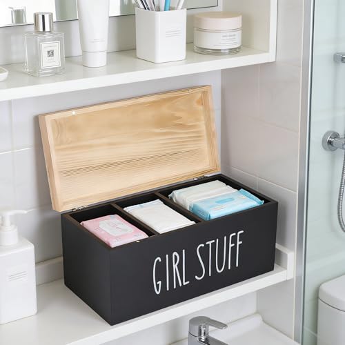 Bathroom Tampon Holder, Wooden Box With Lid, Covered Tray Organizer, Feminine Hygiene Storage Caddy for Countertop Vanity, Rustic Farmhouse Decor, Discreet Feminine Product Organizer for Guest Bath