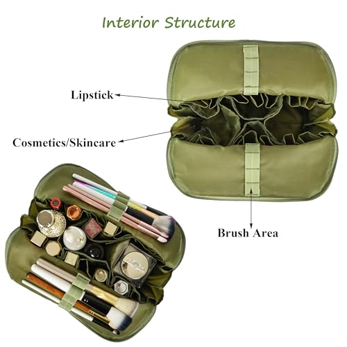 Travel Makeup Bag for Women, Waterproof Stand Up Cosmetic Bag with Brush Holders, Organizer Bag with Compartments, Fold-Down Design for Skincare, Toiletries & Essentials (Green, Medium) - color: Green, size: Medium