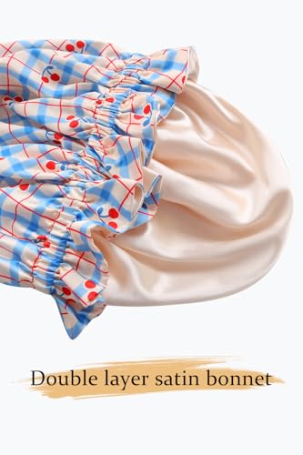 Floral Satin Bonnet with Scrunchie Set,Double Layer Ruffle Reusable Sleeping Shower Cap for Curly Hair Blue-cherry - color: Blue-cherry