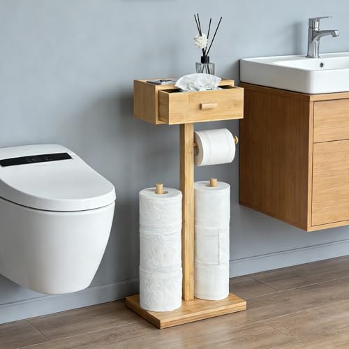 Freestanding Bathroom Toilet Paper Holder Stand with Shelf, Bamboo Toilet Paper Roll Holder with Wet Wipes Storage Drawer(Natural) - color: Natural