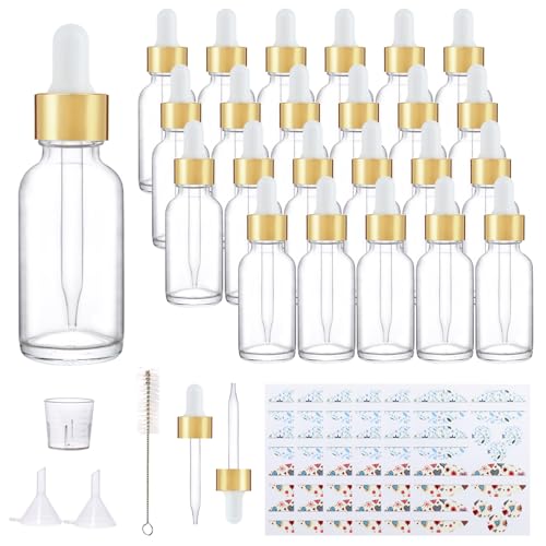 24 Pack 1oz Clear Glass Bottles with Golden Top Eye Droppers for Essential Oils, Perfumes & Lab Chemicals (Brush, Funnels, 2 Extra Droppers, 36 Pieces Labels & 30ml Measuring Cup Included) - color: Clear-Gold Cap