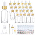 24 Pack 1oz Clear Glass Bottles with Golden Top Eye Droppers for Essential Oils, Perfumes & Lab Chemicals (Brush, Funnels, 2 Extra Droppers, 36 Pieces Labels & 30ml Measuring Cup Included) - color: Clear-Gold Cap