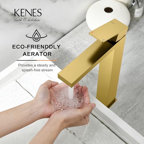 KENES Brushed Gold Tall Bathroom Faucet, Single Handle Vessel Sink Faucet Gold Vanity Bathroom Faucet with Supply Lines and Pop Up Sink Drain, LJ-9031A-4 - color: Gold, size: Tall