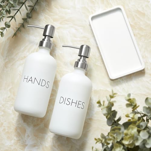 White Dish and Hand Soap Dispenser Set - Glass Kitchen Soap Dispenser with Tray and Stainless Steel Pump - for White Kitchen Decor and Accessories - color: White