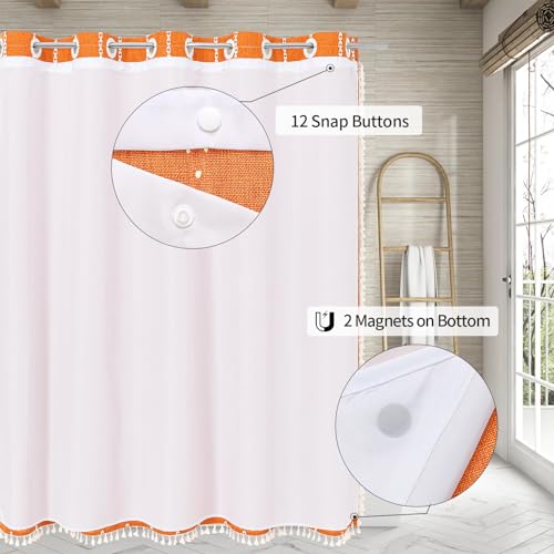 MitoVilla No Hooks Required Orange Boho Shower Curtain with Snap-in Liner, Farmhouse Cotton Linen Fabric Shower Curtains with Tassels for Rustic Neutral Bathroom Decor, Burnt Orange, 72 x 74 - color: Orange