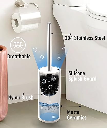 Matt White Ceramic Toilet Brush and Holder Set, Freestanding Toilet Bowl Cleaners Brush, Scrubber Brush for Toilet, Bathroom Accessories with Stainless Handle, Deep Cleaning - color: Matt White, size: Set/2