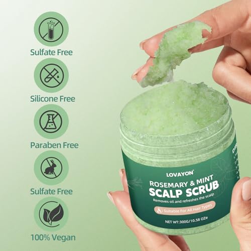 Rosemary Scalp Scrub & Exfoliator for Fuller Hair - Sea Salt & BHA Scalp Treatment with Silicone Massager Brush - Deep Cleanser for Oily Roots, 10.58oz