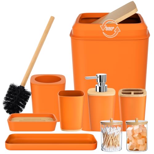 Orange Bathroom Accessories Set 9 Piece Bathroom Accessory Set with Trash Can,Toothbrush Holder,Toothbrush Cup,Lotion Soap Dispenser,Vanity Tray,Soap Dish,Toilet Brush,Qtip Holder - size: Bath Set, style: Orange