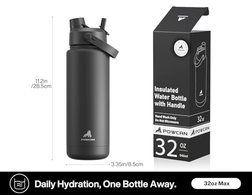 POWCAN 32 oz Insulated Water Bottle with 2-in-1 Straw and Spout Lid, Keep Cold 24H, Leak-Proof, BPA-Free, Double Wall Stainless Steel Water Bottle for Sports, Gym, Travel, and School (Dark Knight) - color: Dark Knight, size: 32 Ounces