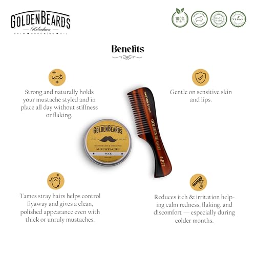 Golden Beards Mustache Wax with GB-71 Comb – Organic & Natural Styling Wax for Men – Strong Hold, Handmade, Vegan, Cruelty-Free Grooming Kit - style: Comb