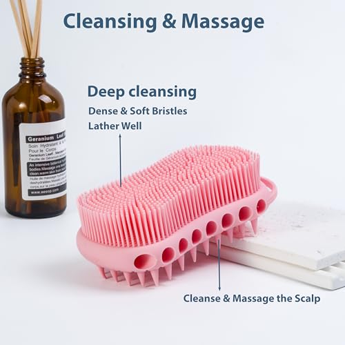 MtBoi Double-Sided Exfoliating Silicone Body Scrubber, 2-in-1 Bath Scrubber, Shampoo Brush, Silicone Loofah for All Skin Types, Shower Body Scrubber, Easy to Clean, Lather Well (Pink) - color: Pink