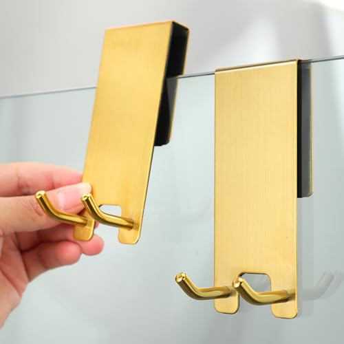 Taozun Shower Door Hooks, Gold Towel Hooks for Bathroom Frameless Glass Door, Shower Squeegee Hooks, 2-Pack, Stainless Steel - color: Gold, size: 2 Pack