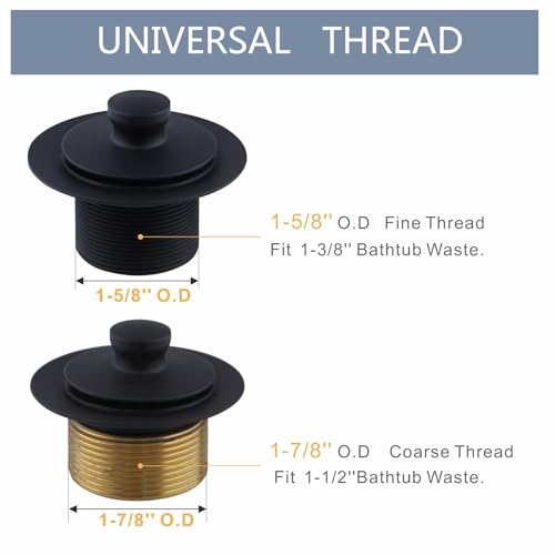 Black tub Drain Lift &Turn Tub Trim Set with Two-Hole Overflow Faceplate Conversion Kit Assembly, Hidrop Bathtub Drain Replacement Trim Kit and Universal Fine/Coarse Thread, Matte Black - color: Black